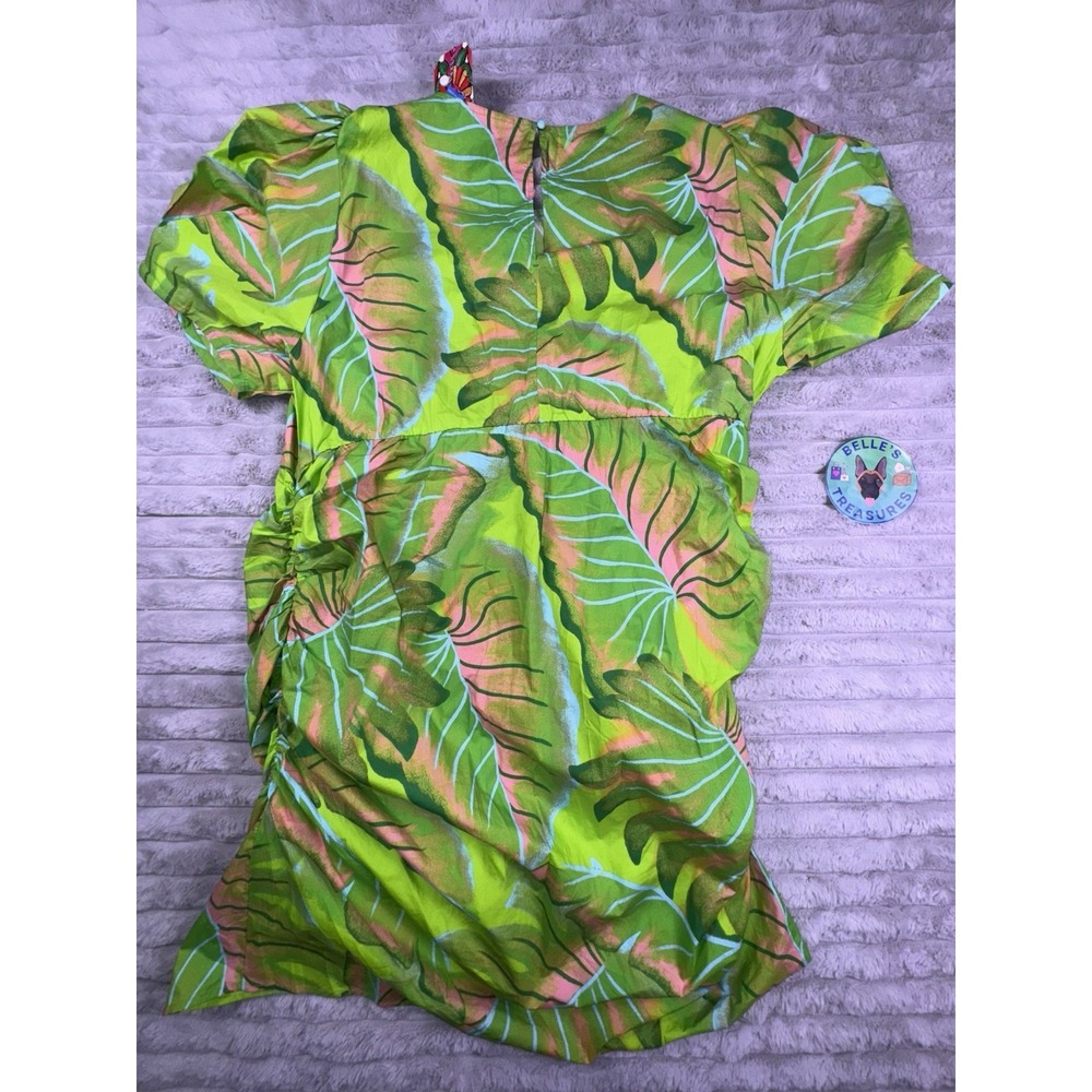 NWT FARM RIO 3XL Anthropologie Puff-Sleeve Mini Dress Lime Green Floral Ruffle - Picture 8 of 11